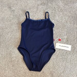Yumiko Kids Marisa leotard in Cosmo and Dark Blue Velvet Trim